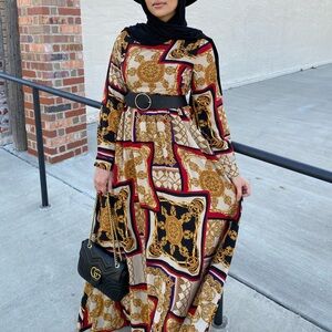 Brown and Gold A-Line Long Sleeve Dress for Casual Resort Wear
